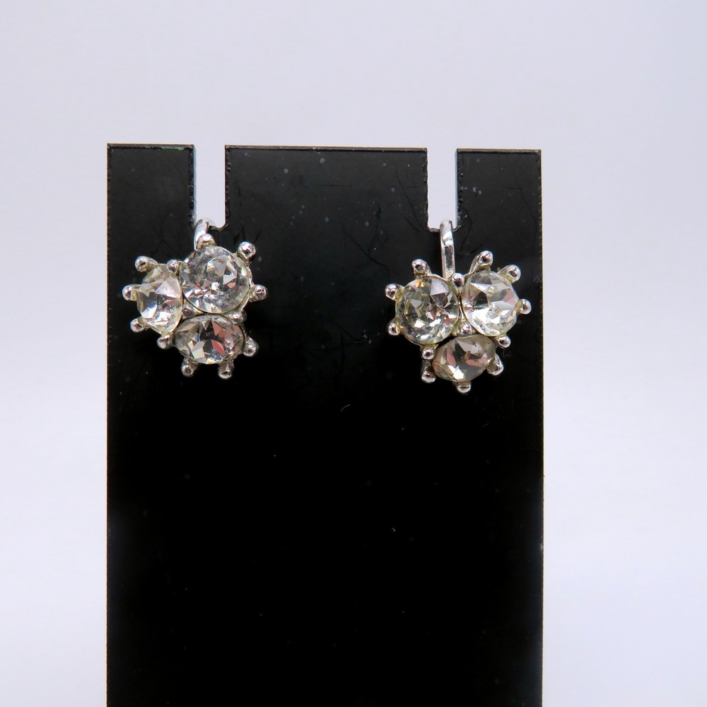 Vintage Bogoff Rhinestone Screw Back Earrings Silver Tone Floral Cluster Signed